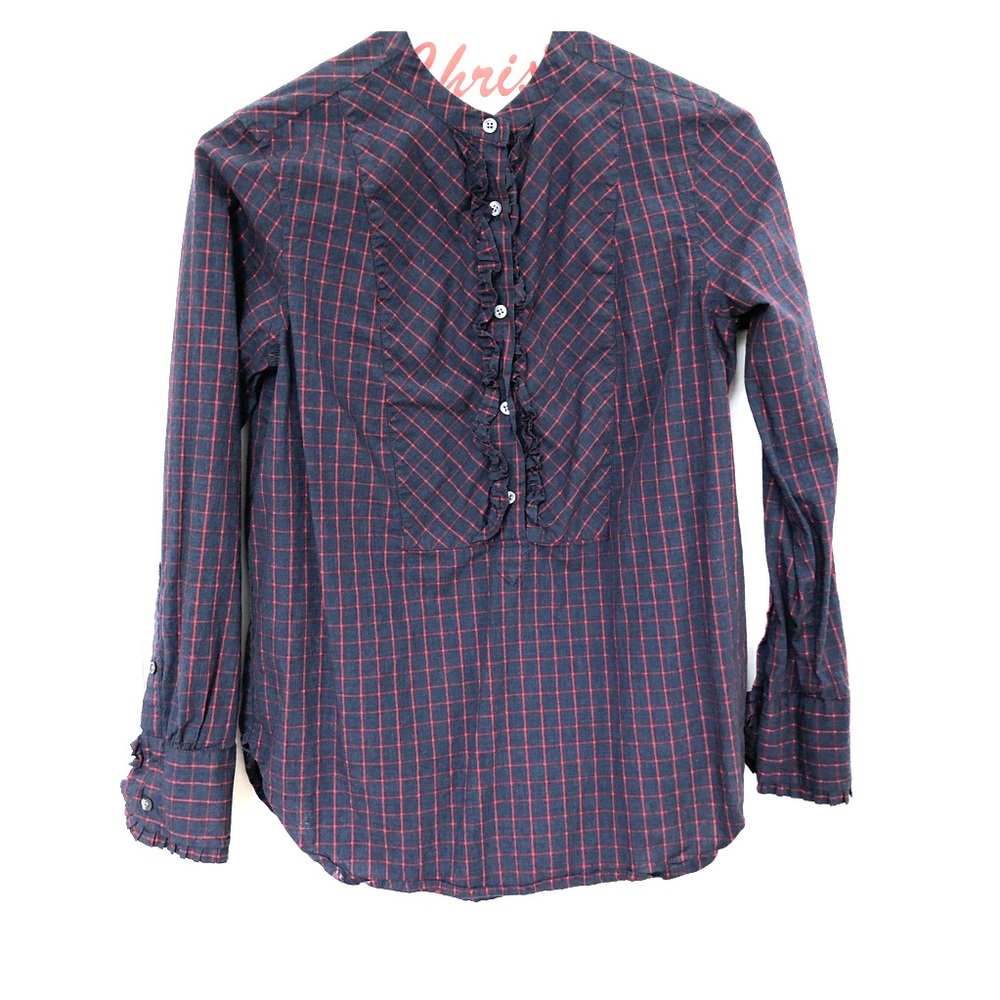 JCrew navy and red ruffle trim blouse 0